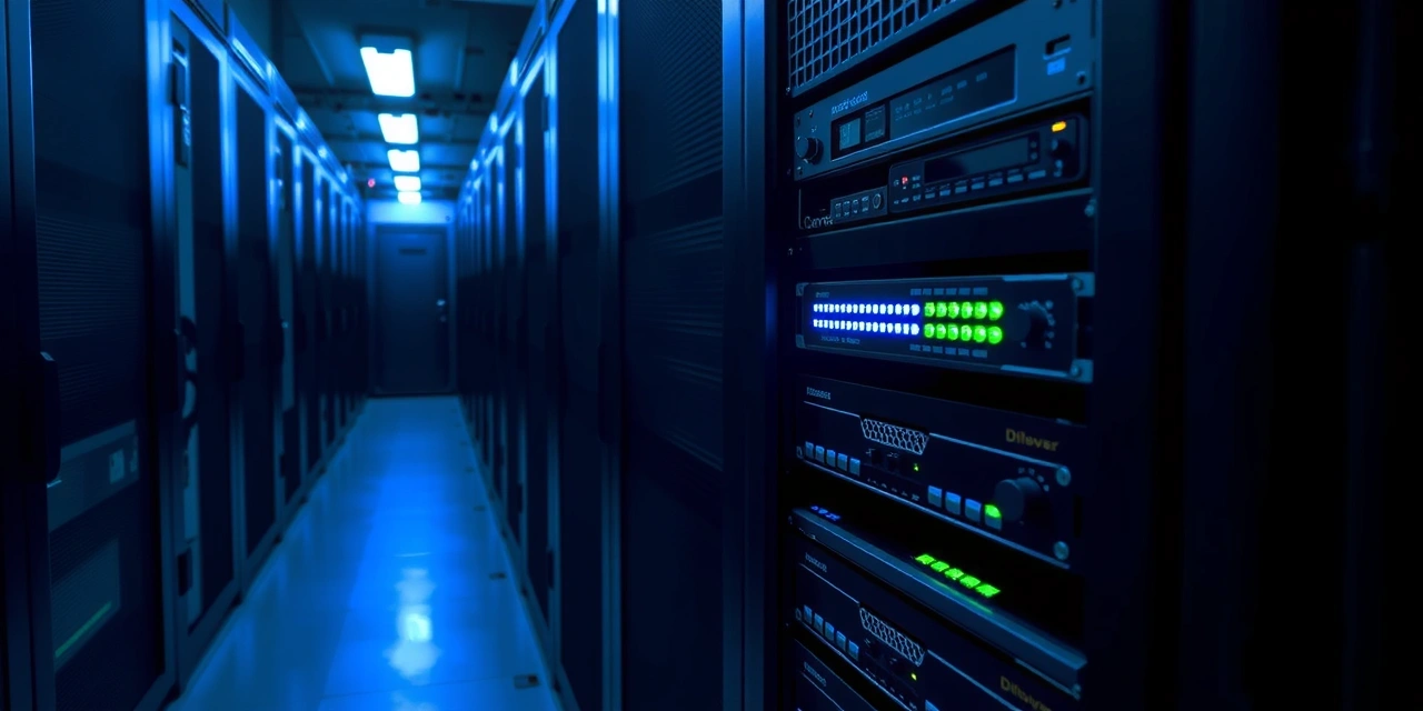 Minimalist server rack with blue status lights in a dark corridor